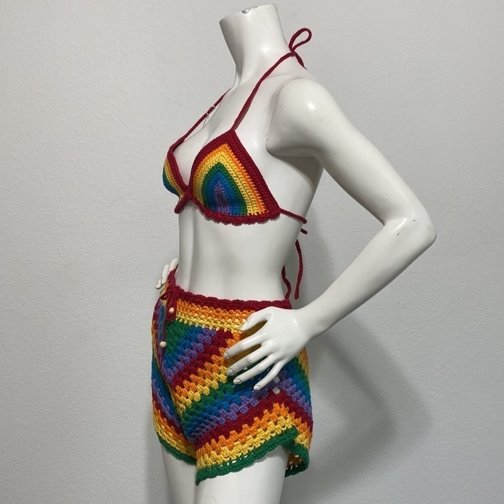 Hand Crochet “NEW” 70’s Coachella Festival Pride Multicolor Short Set Size S - Picture 2 of 5
